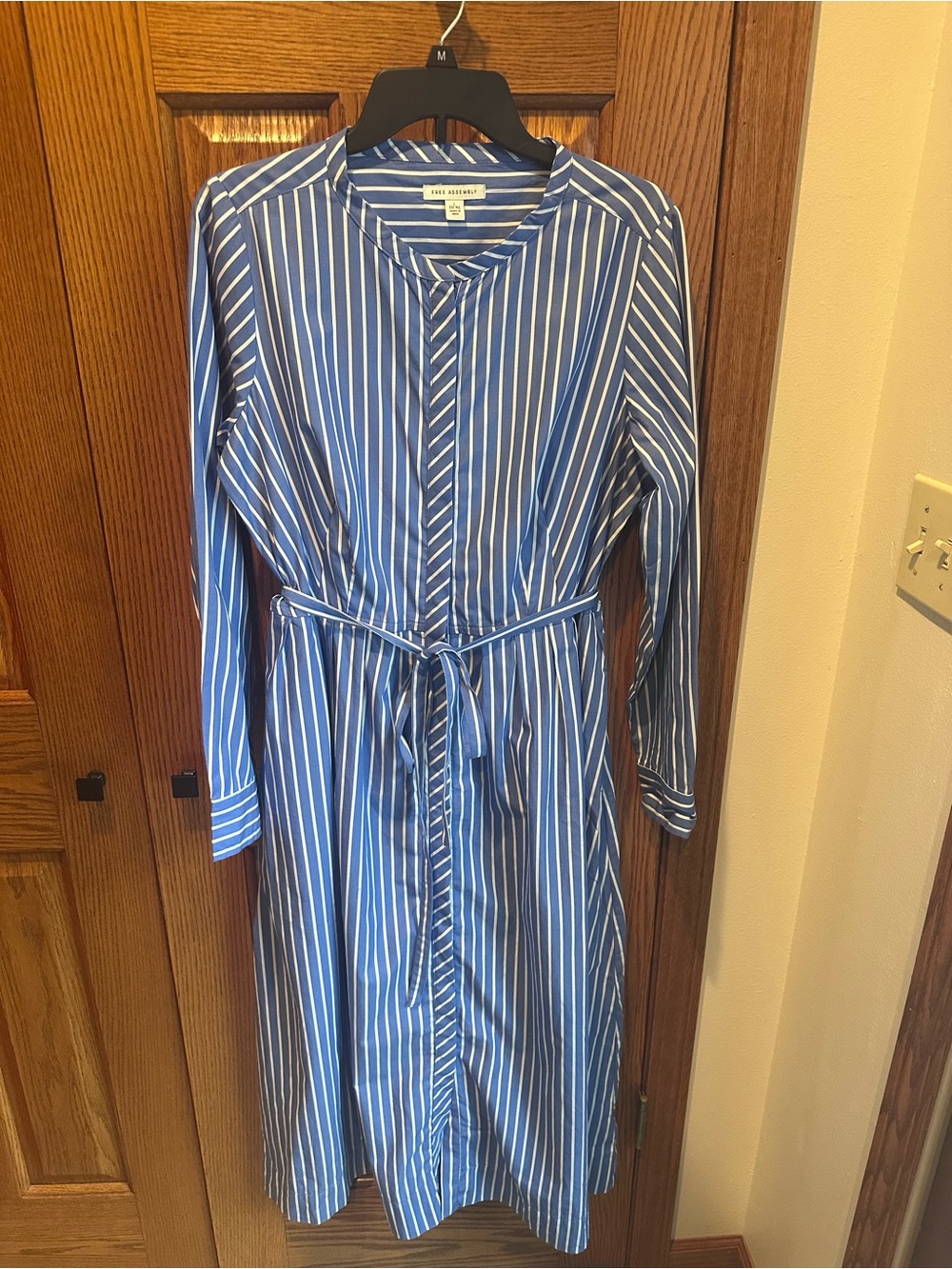 Free Assembly Blue Stripe Pleated Cotton Midi Shirtdress Long Sleeves Sz 12-14